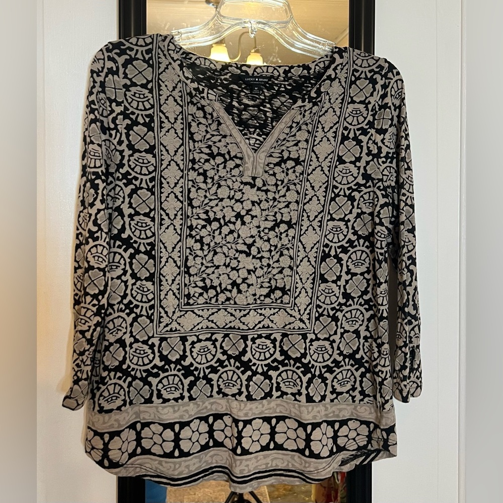 Lucky Brand Black and Cream Patterned Tunic